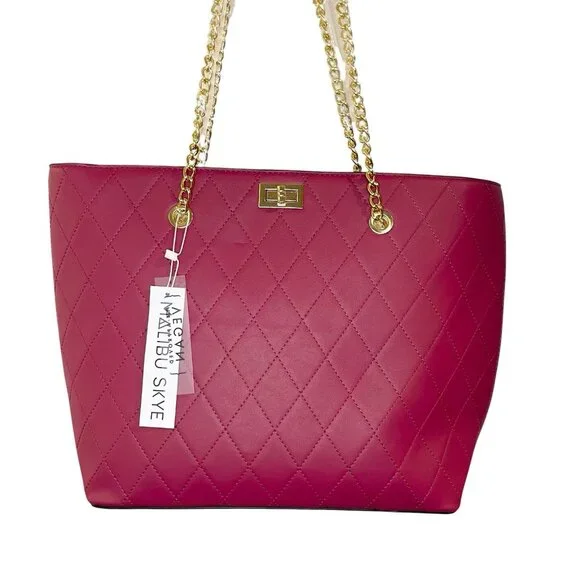 Malibu Skye Tote Large Fuchsia Gold Chain Double Handles Shoulder Bag New - Picture 2 of 7